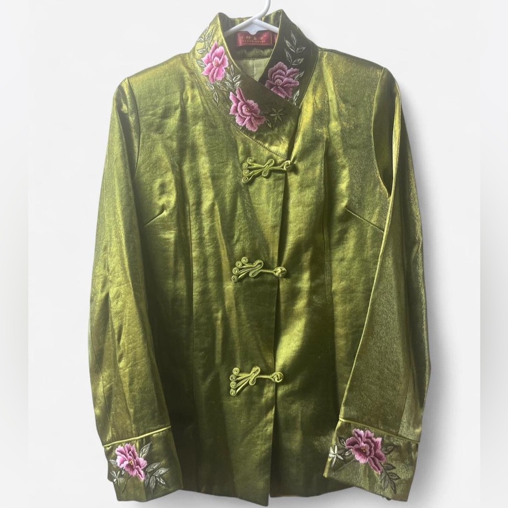 Olive Green Women’s Mandarin Collar Floral Embroidered Jacket Size Small